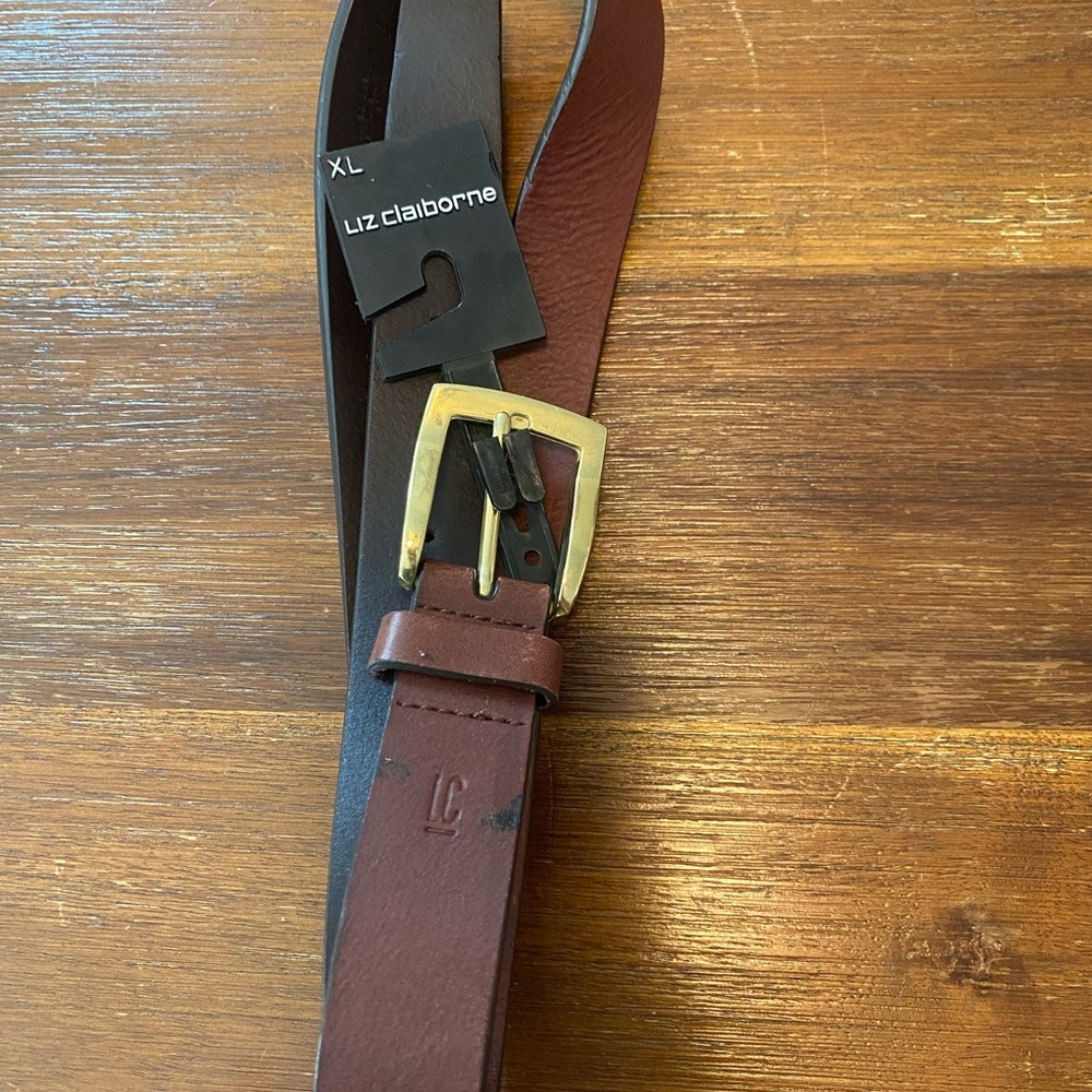 Liz Claiborne Brown Leather Belt with Brass-Tone Buckle